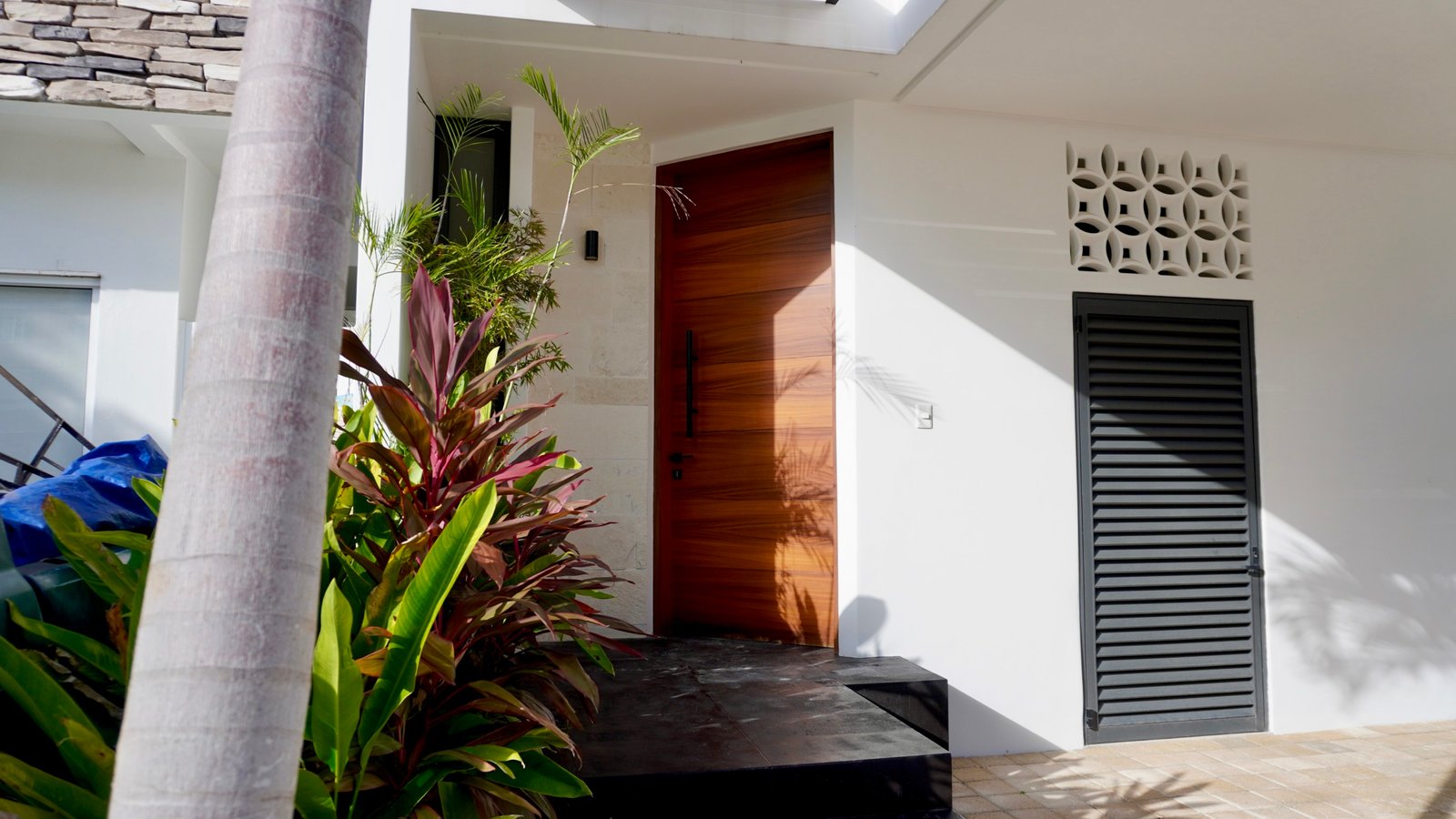 House for sale on Huayacan Ave – main entrance with wooden door, tropical garden and minimalist design on white facade