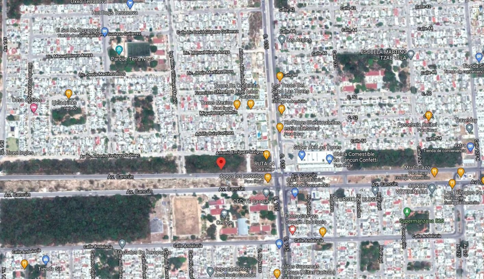 Land for sale on Av 135, Cancún – map of Cancún showing the location of the land