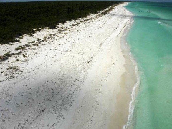 Terreno en venta en isla holbox - Playa con arena blanca, mar turquesa y vegetación costera al fondo