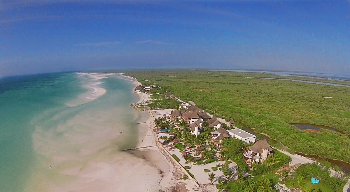Terreno en venta en isla holbox - vista aérea de playa de aguas turquesa y vegetación de manglar al fondo