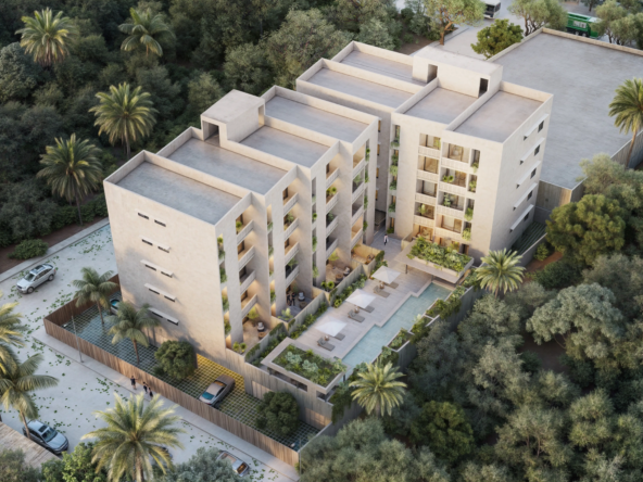 Departamentos en venta en Erenia Cancún vista aérea edificio
