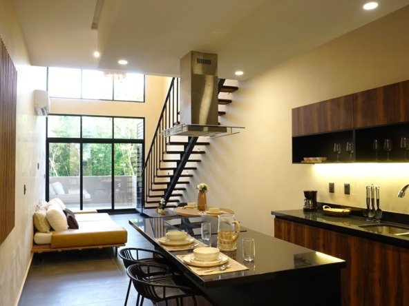 Kitchen, living room and dining room view